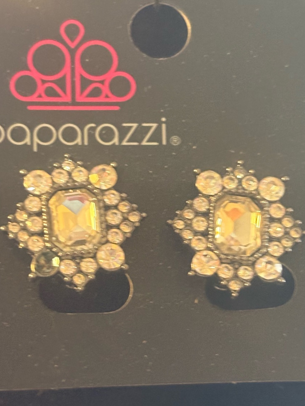 Paparazzi silver tone Crystal Cluster clasp back style  Earrings - Champagne